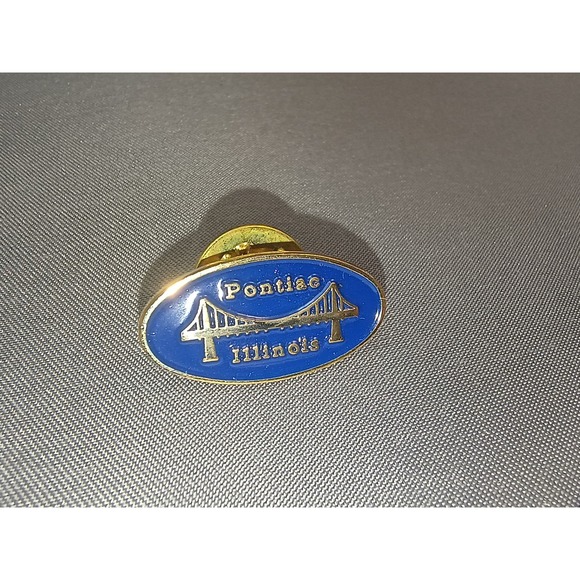 Jewelry - Vtg‎ Pontiac Illinois Bridge Oval Blue Enamel Lapel Pin Tack Gold Tone Souvenir